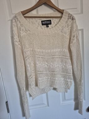 Buffalo David Bitton Cream Open-Knit Lace Accent Scoop-Neck Sweater